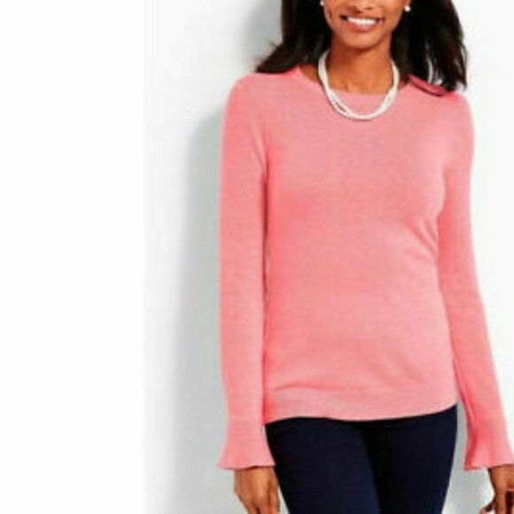 Talbots Lambswool Knit Sweater Fuchsia Pink Ruffle Hem Bell Sleeves Gold Button - Picture 1 of 9